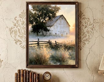 May include: A framed wall art print depicting a rustic white barn nestled behind a wooden fence in a misty field at sunrise. The scene features a large tree beside the barn, with soft golden light illuminating the tall grasses in the foreground.