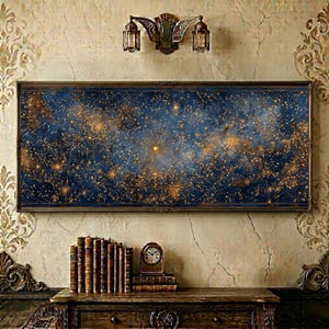 May include: A rectangular wall art piece featuring a dark blue celestial map with gold constellations and stars. The artwork is framed in a thin dark border and displays a dense, intricate pattern of golden points and lines across the deep blue field.