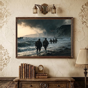 Quadro orizzontale da parete raffigurante lo sbarco in Normandia, Omaha Beach, Seconda Guerra Mondiale, dipinto a olio militare sulla Normandia, 6 giugno 1944, decorazione storica di guerra.