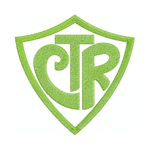 May include: Green embroidered patch in the shape of a shield with the letters "CTR" inside. The "T" is a cross.
