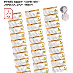 May include: A sheet of printable warning labels for button cell batteries. Each label features a yellow triangle warning symbol and the text "A WARNING". The labels are designed to alert users to the ingestion hazard. The image also includes a PDF icon and a button cell battery.