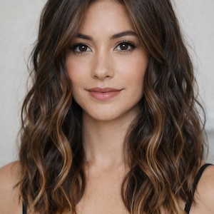 Puede incluir: Una persona con cabello castaño oscuro ondulado hasta los hombros con sutiles reflejos color caramelo. El cabello está dividido por el centro con ondas suaves y sueltas que enmarcan el rostro. La persona viste una camiseta negra de tirantes.