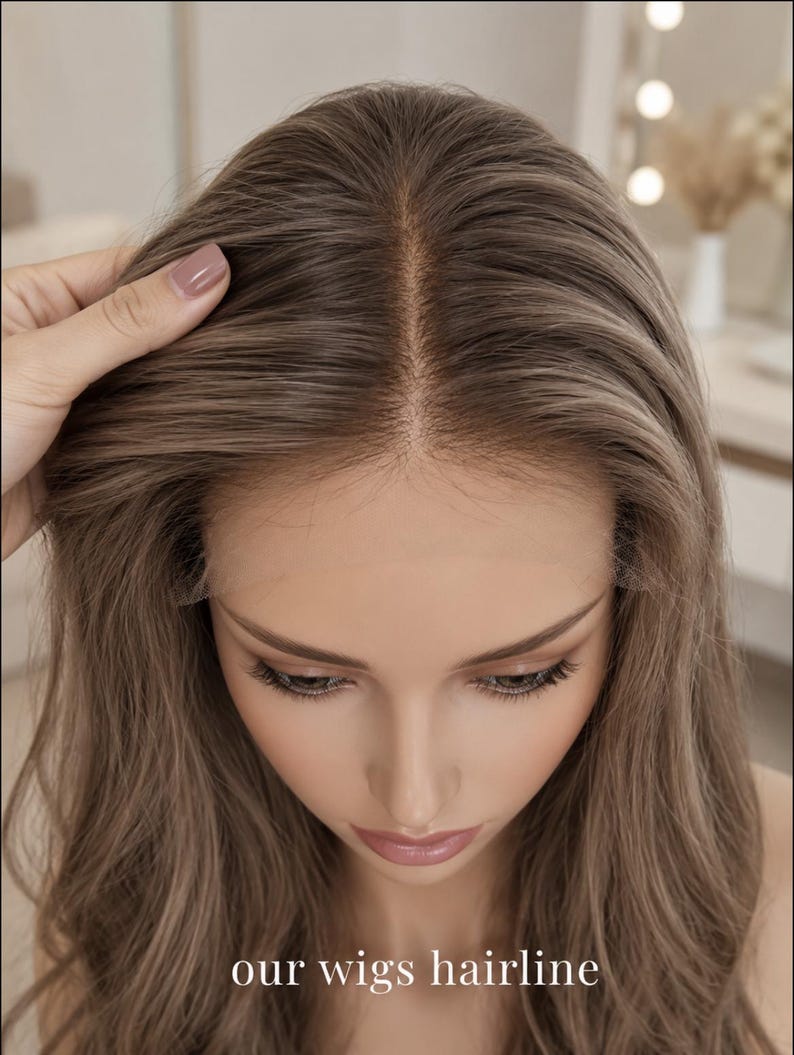 Op de afbeelding: Een lichtbruine pruik met een middenscheiding en een zichtbare lace front haarlijn. Het haar heeft subtiele highlights en een golvende textuur. De tekst "our wigs hairline" staat in het wit onderaan in het midden van de afbeelding.