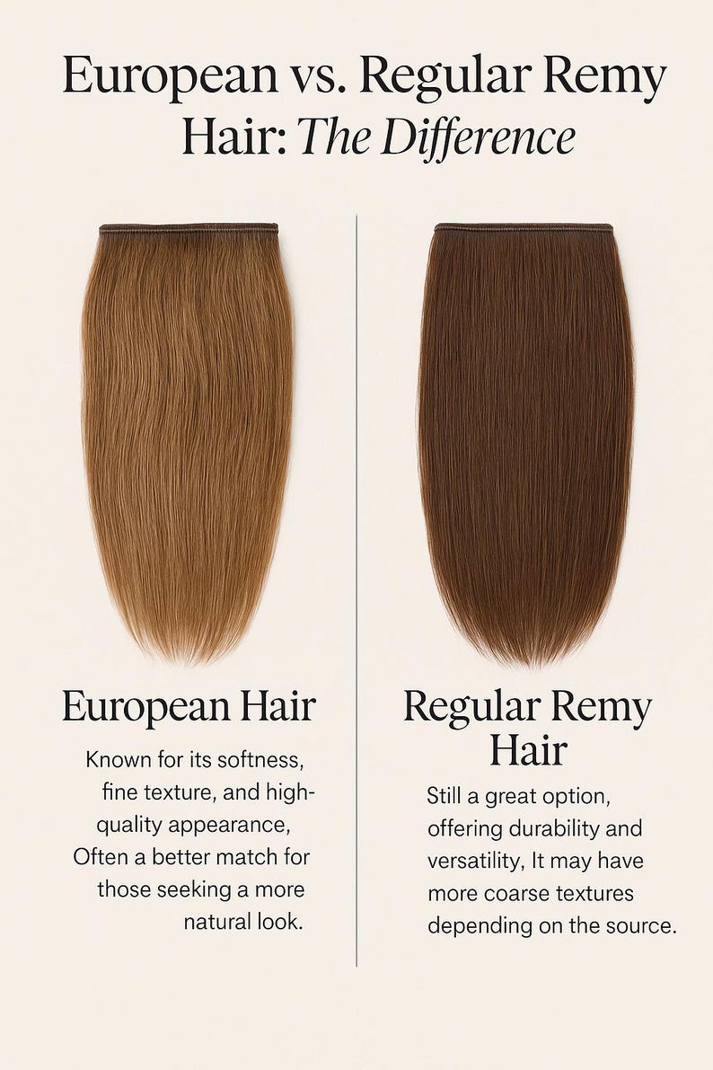 Op de afbeelding: Een vergelijkingstabel met de titel European vs. Regular Remy Hair: The Difference. Het toont twee haarstukken: een lichtbruin Europees haarstuk aan de linkerkant en een donkerbruin Regular Remy haarstuk aan de rechterkant, met beschrijvende tekst eronder.