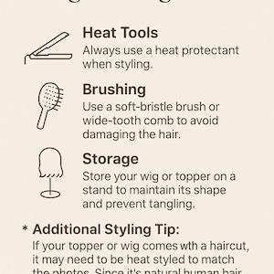Op de afbeelding: Een informatieve afbeelding met de titel Styling Tips for Long-Lasting Looks. Het bevat iconen voor hittegereedschap, een haarborstel en een pruikenstandaard, met instructies over hittebescherming, borsteltechnieken en het opbergen van pruiken.