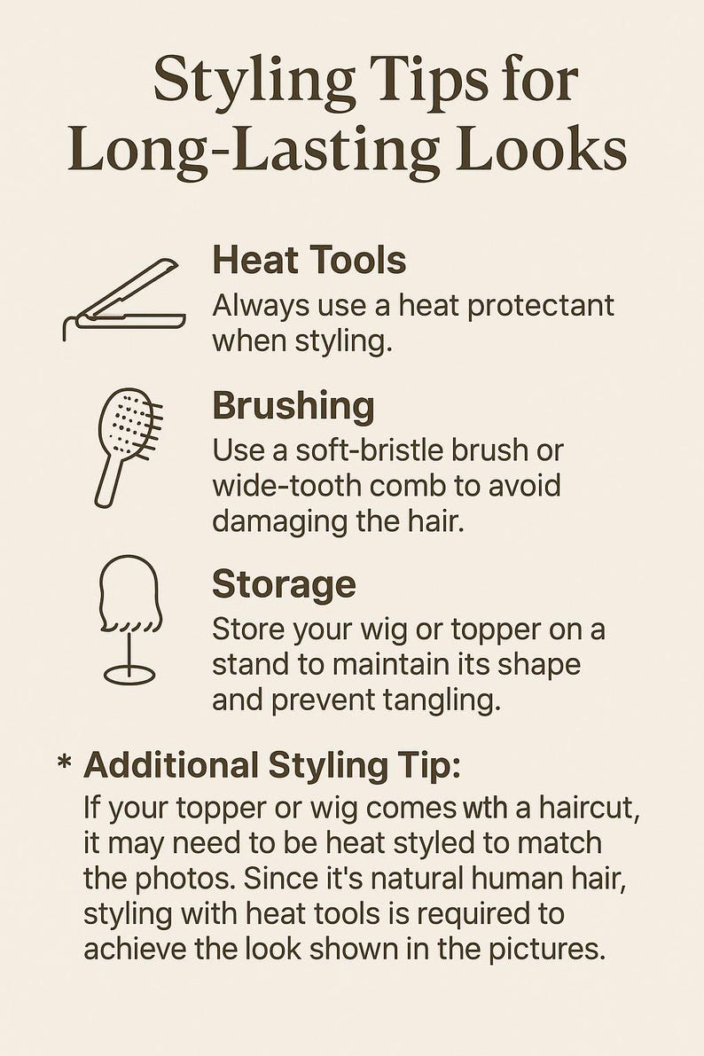 Op de afbeelding: Een informatieve afbeelding met de titel Styling Tips for Long-Lasting Looks. Het bevat iconen voor hittegereedschap, een haarborstel en een pruikenstandaard, met instructies over hittebescherming, borsteltechnieken en het opbergen van pruiken.