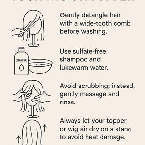 Op de afbeelding: Een infographic met de titel HOW TO WASH YOUR WIG OR TOPPER. Het bevat vier zwarte lijntekeningen die de stappen tonen: ontklitten met een kam, sulfaatvrije shampoo gebruiken, zachtjes masseren en aan de lucht laten drogen op een standaard.