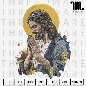 Könnte beinhalten: Ein gesticktes Design mit einer religiösen Figur mit goldenem Heiligenschein, die Hände zum Gebet gefaltet. Die Figur hat einen Bart und langes Haar und trägt ein Gewand mit blauen und gelben Akzenten. Das Bild enthält den Text "THREADWARE" und Dateiformatbezeichnungen.