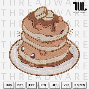 May include: An embroidered design featuring a stack of pancakes with a hamster face on each pancake. The pancakes are topped with chocolate syrup and butter. The design is on a white plate and includes the text "THREADWARE".