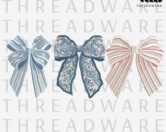 Bow Embroidery Design Bundle – Lace & Striped Ribbon Bows (3 Sizes) (Digital Download)