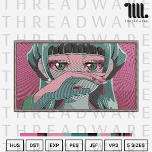 May include: A rectangular embroidery design featuring a stylized anime character with teal hair and green eyes, covering their mouth with a gloved hand. The background is a textured pink pattern. The design includes the text THREADWARE and file formats.