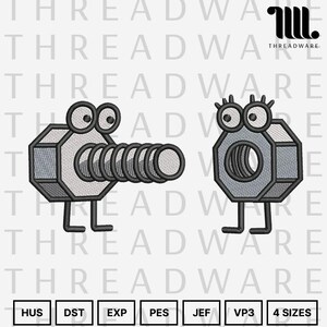 Peut inclure: Motif brodé de deux écrous et boulons de dessin animé avec des yeux et des jambes. Le mot "THREADWARE" est en haut à droite. En bas, les options de format de fichier et "4 SIZES".
