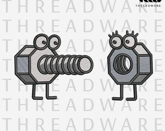 Funny Bolt Nut Embroidery Design | Kawaii Hardware Couple Machine Pattern (Digital Download)