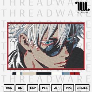 Könnte beinhalten: Gestickter Aufnäher mit einem Anime-Charakter mit weißen Haaren, blauen Augen und Sonnenbrille. Das Design ist rot umrandet, mit dem Wort "THREADWARE" und Dateiformat-Etiketten unten.