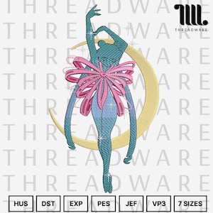 Könnte beinhalten: Ein gesticktes Design mit einer türkisfarbenen Figur mit einer großen rosa Schleife, vor einem goldenen Halbmond. Das Design enthält den Text "THREADWARE" und verschiedene Dateiformatoptionen.