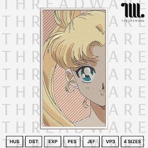 May include: Embroidered patch featuring a blonde anime character with large blue eyes and a ponytail. The design is framed in a rectangle with the text "THREADWARE" and various file format abbreviations. The patch is in shades of beige, pink, and blue.