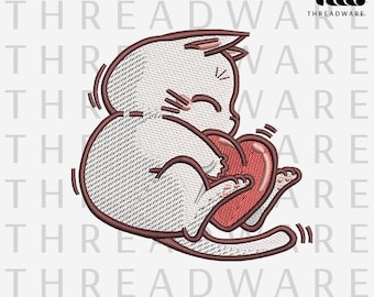 Valentine White Cat Embroidery Design, Heart Paw (Digital Download)