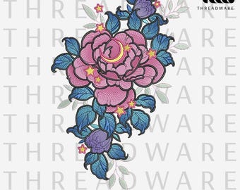 Moon Rose Embroidery Design | Floral Moon & Stars (pes, dst, jef, hus, exp, vp3)