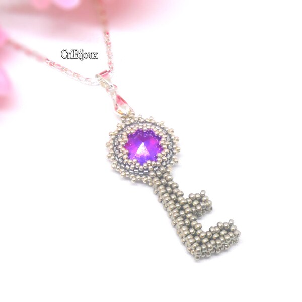 Collana chiave, collana con ciondolo argento, regalo per adolescente ciondolo con perline gioielli antichi simbolo di amicizia collana viola