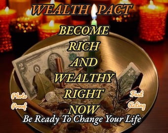 May include: A gold-toned metal bowl containing US dollar bills, cinnamon sticks, and grains, with a green candle in the center. Text reads: WEALTH PACT BECOME RICH AND WEALTHY RIGHT NOW Be Ready To Change Your Life, Photo Proof, Fast Acting.