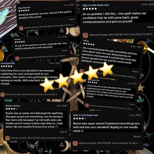 May include: Image features customer reviews with star ratings and text. The reviews are on a black background with gold stars. The reviews mention spell work, customer service, and results. The text includes phrases like "amazing service" and "very detailed".