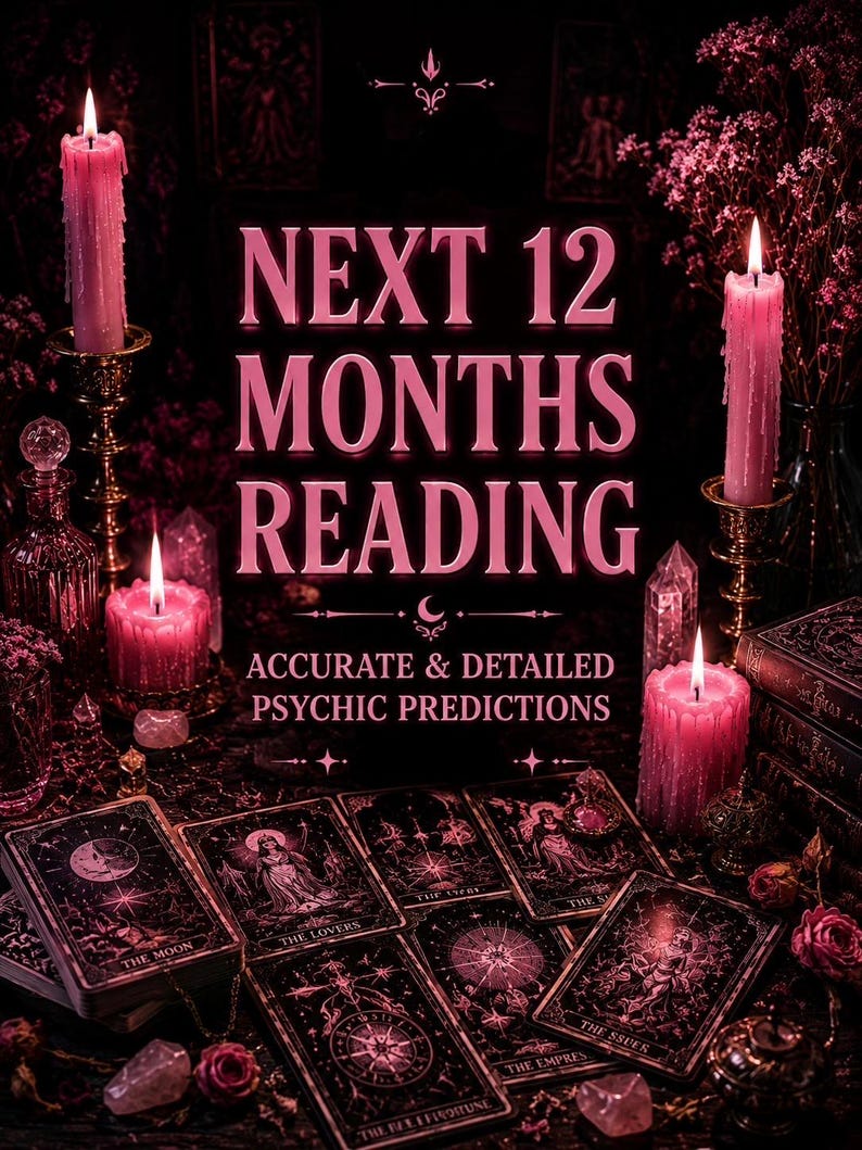 May include: A dark, atmospheric image with tarot cards, candles, and the text "NEXT 12 MONTHS READING." The cards display detailed illustrations. Pink candles in decorative holders and flowers create a mystical setting. The text reads "ACCURATE & DETAILED PSYCHIC PREDICTIONS."