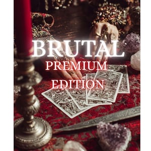 May include: A tarot card deck with the words "BRUTAL PREMIUM EDITION" in white. The cards are fanned out on a red patterned surface, with a silver blade and crystals nearby. A red candle and ornate candlestick are in the background.