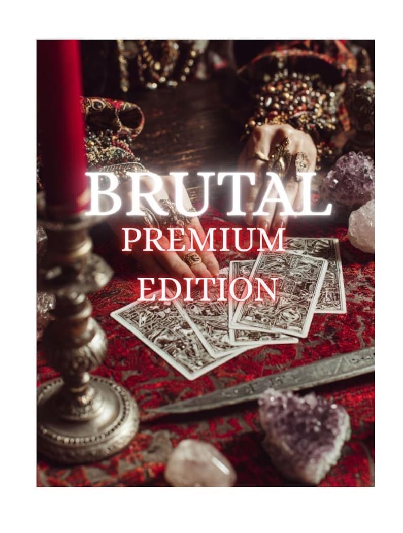 May include: A tarot card deck with the words "BRUTAL PREMIUM EDITION" in white. The cards are fanned out on a red patterned surface, with a silver blade and crystals nearby. A red candle and ornate candlestick are in the background.