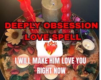 May include: A gold-toned circular tray filled with pink salt, dried flower petals, and three candles. Two tall, twisted red candles are lit, and one shorter, gold-colored pillar candle sits between them. Text reads: DEEPLY OBSESSION LOVE SPELL I WILL MAKE HIM LOVE YOU RIGHT NOW.