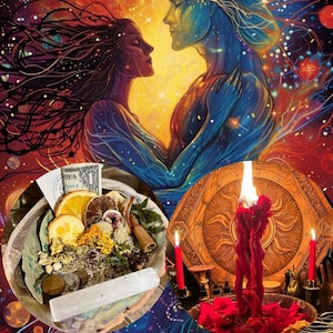 Può includere: Una rappresentazione artistica a tema spirituale. L'immagine presenta due figure che si abbracciano, con una ciotola di erbe, una candela e altri oggetti rituali. La tavolozza dei colori include rossi, blu e gialli vibranti, creando un'atmosfera mistica.