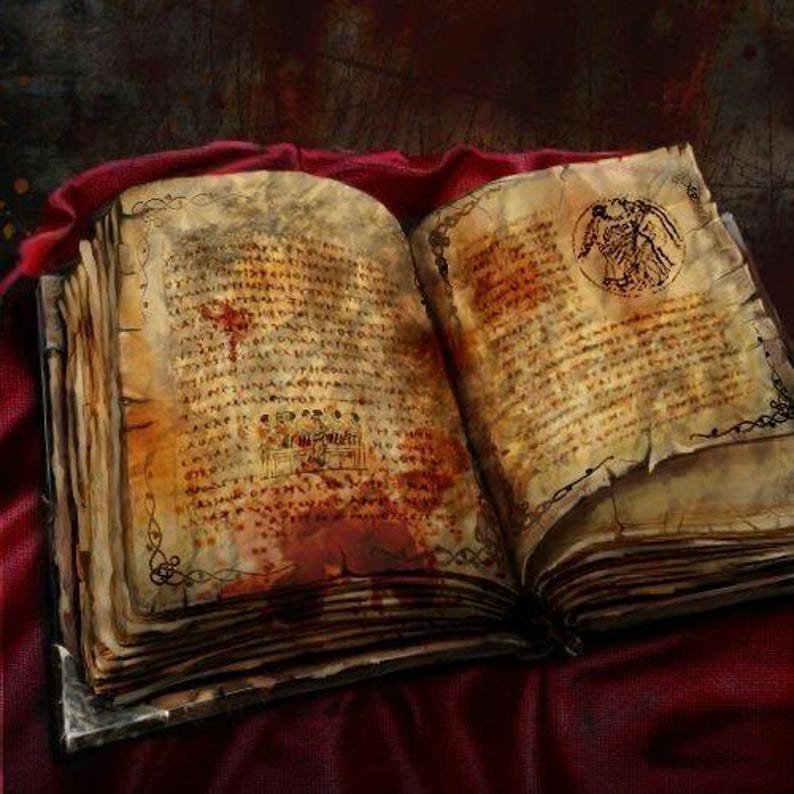 Puede incluir: Un libro abierto y envejecido con p&aacute;ginas de pergamino, manchadas con marcas rojas, posiblemente sangre. Las p&aacute;ginas del libro est&aacute;n llenas de texto manuscrito y peque&ntilde;as ilustraciones. El libro descansa sobre una tela roja oscura y texturizada, creando un tema g&oacute;tico o de fantas&iacute;a.