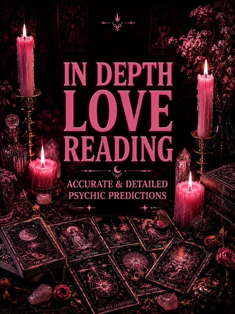 May include: A mystical scene featuring lit pink candles in ornate holders, tarot cards, and the text "IN DEPTH LOVE READING." The cards display various illustrations and titles like "THE MOON" and "THE LOVERS." The image has a dark, romantic aesthetic.