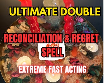May include: A spiritual arrangement featuring two red spiral candles with lit flames, positioned above a decorative tray. The tray contains dried flowers, crystals, and two lit candles. Text on the image reads: ULTIMATE DOUBLE RECONCILIATION & REGRET SPELL EXTREME FAST ACTING.