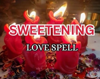 May include: A close-up of several red candles with flames, surrounded by dried flowers and herbs. The text "SWEETENING LOVE SPELL" is superimposed over the image in white letters with a red outline. The candles are lit, creating a warm, inviting atmosphere.