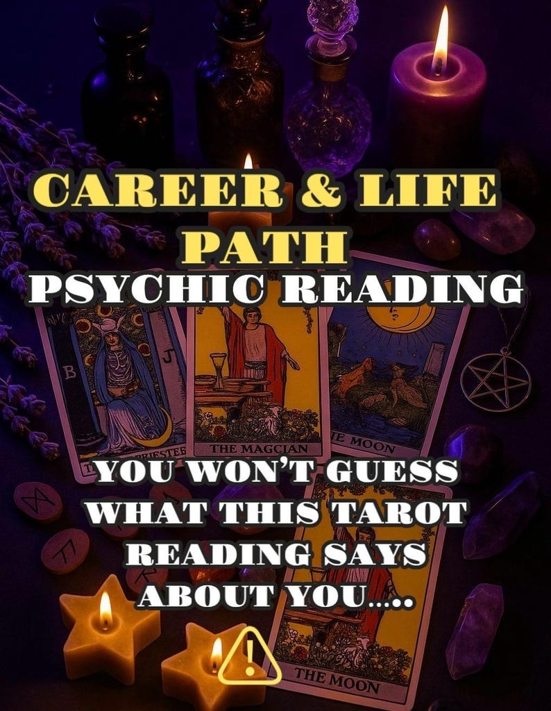 May include: An image featuring tarot cards, candles, crystals, and bottles, with text overlayed that reads "CAREER & LIFE PATH PSYCHIC READING" and "YOU WON'T GUESS WHAT THIS TAROT READING SAYS ABOUT YOU...."