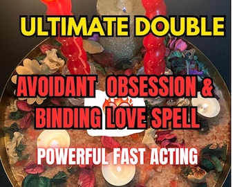 May include: A spiritual arrangement featuring two red spiral candles with lit flames, a central candle, and two smaller candles. The arrangement includes dried flowers, pink granules, and text that reads "ULTIMATE DOUBLE AVOIDANT OBSESSION & BINDING LOVE SPELL".