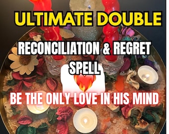 May include: A spiritual arrangement featuring red candles with lit flames, a central candle with a heart, and the text "ULTIMATE DOUBLE RECONCILIATION & REGRET SPELL". The arrangement includes dried flowers and other decorative elements.