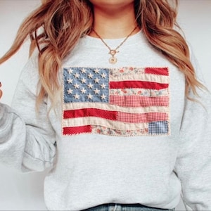 Patchwork Screen Print American Flag Sweatshirt - T shirt | Ash gray