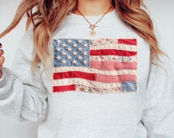 Patchwork Screen Print American Flag Sweatshirt - T shirt | Ash gray