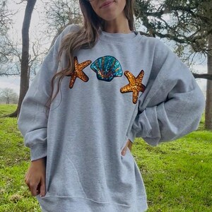 Sequin Starfish & Seashell Patch Sweatshirt | Gildan | Summer image 2