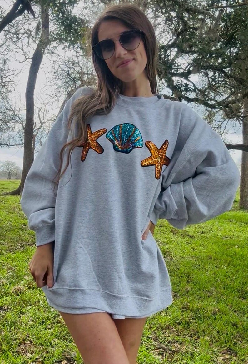 Sequin Starfish & Seashell Patch Sweatshirt | Gildan | Summer image 2
