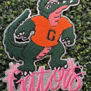 May include: Embroidered patch featuring a green alligator wearing an orange jersey with a black "G". The alligator has a pink star on its head and the word "Gators" in pink script below. The patch has a silver glitter border.