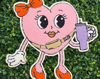 Girly Pink Heart Chenille Valentine Iron-on Patch | Sequin Applique