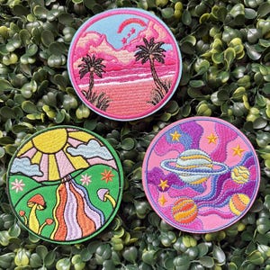 Circle Pink Beach | Purple  Space | Green Field  Embroidered Iron-On Patch | 3 Inch