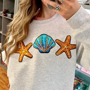 Sequin Starfish & Seashell Patch Sweatshirt | Gildan | Summer image 3
