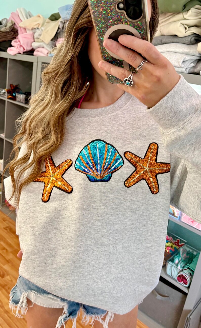 Sequin Starfish & Seashell Patch Sweatshirt | Gildan | Summer image 3