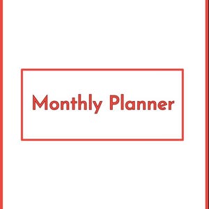 May include: A white background with a red border and a red rectangular box in the center. The text "Monthly Planner" is written in red inside the box. The bottom right corner has the text "AecarenCo".