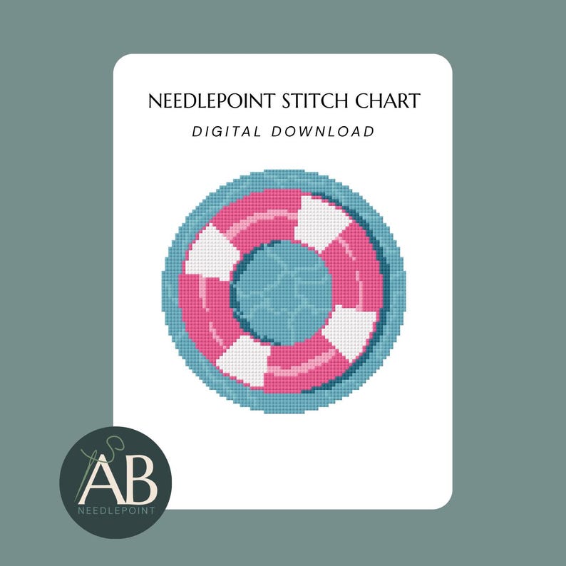 Op de afbeelding: Een needlepoint steekpatroon als digitale download met een gepixelde reddingsboei-afbeelding. De reddingsboei is cirkelvormig met afwisselende roze en witte segmenten, omlijnd in blauwgroen, op een witte rechthoekige achtergrond met tekst.