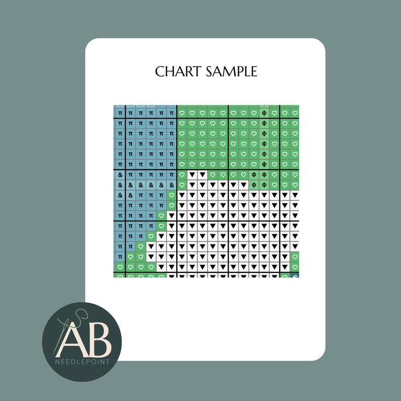 Puede incluir: Una muestra de gr&aacute;fico de punto de cruz con el texto CHART SAMPLE en la parte superior. La cuadr&iacute;cula contiene cuadrados azules, verdes y blancos marcados con s&iacute;mbolos que incluyen pi, ampersands, corazones, phi y tri&aacute;ngulos hacia abajo.