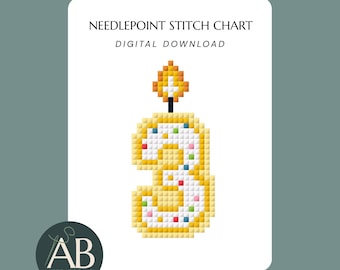 Mini Number 3 Three Birthday Candle Needlepoint Design Charts | Digital Download PDF